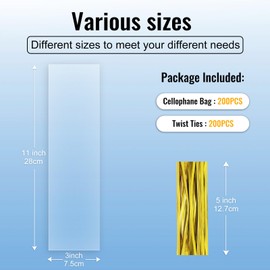 MORIDA - 200 bolsas de celofán de 3 x 11 pulgadas, bolsas de celofán, bolsas de regalo transparentes para tartas, bolsas de caramelo, bolsas de violonchelo para recuerdos de fiesta, regalos, panadería, galletas con lazos giratorios de 5 pulgadas