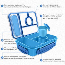 Amathley Bento Box Adult Lunch Box Kids,Lunch Containers for Adults/Kids/Toddler,5 Compartments Bento Lunch Box with Sauce Vontainers,Microwave & Dishwasher & Freezer Safe,BPA-Free(Blue)