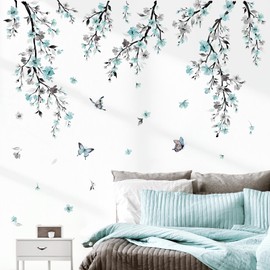 wondever Watercolor Flower Vine Wall Stickers Blue Hanging Floral Tree Branch Wall Art Decals for Living Room Bedroom TV Wall