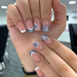 Valentine's Day Press on Nails Medium Square Fake Nails Love Heart False Nails with Blue Glitter Designs Stick on Nails Full Cover Glossy Acrylic Artificial Nails for Women Decorations 24Pcs
