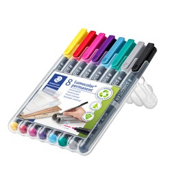 STAEDTLER Lumocolor permanent universal pen, smudge-proof and waterproof, dries in seconds, refillable, line width 1 mm, 8 markers in brilliant colours in sturdy Staedtler box, 317 WP8-2