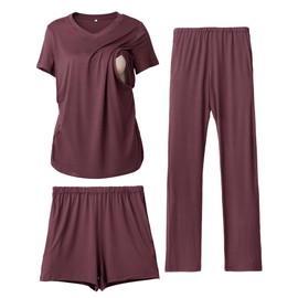 Rnxrbb 3 Piece Women's Maternity Nursing Pajamas Set V Neck Breastfeeding Pjs Sleepwear Postpartum Shorts&Pants Pockets,Dark purple L