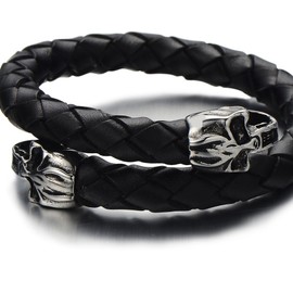 COOLSTEELANDBEYOND Elastic Adjustable Men's Black Braided Leather Wrap Bracelet Wristband with Steel Skull Silver Black