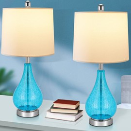 TPAMSWO Glass Table Lamps Set of 2, Modern 23.5” Blue Cracked Glass Bedside Lamps, for Bedroom Living Room Home Office Desk Nightstand Table Lamp