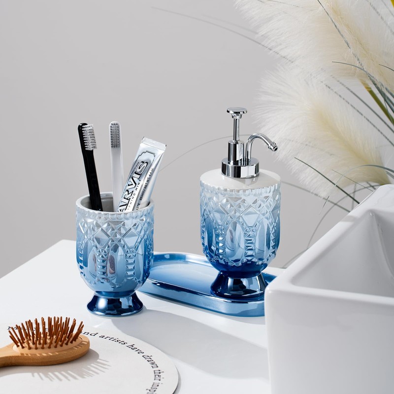Ceramic Bathroom Accessories Set, 3pcs Blue Bathroom Soap Dispenser Sets