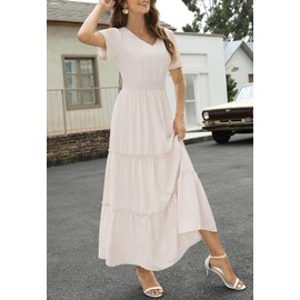 Zattcas Womens 2025 Long Summer Dress Casual Short Flutter Sleeve V Neck Smocked Waist Tiered Flowy Modest Solid Boho Maxi Dress Cream XL