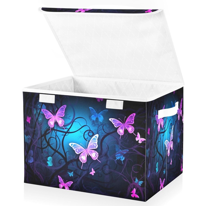 YETTASBIN Purple Blue Butterfly Storage Basket with Lid and Handles,