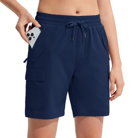MOCOLY Womens Hiking Cargo Shorts 8" Quick Dry Lightweight Golf Shorts for Camping Travel Athletic with Zipper Pockets Navy L