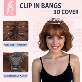 TESS Clip in Bangs Hair Toppers for Women 100% Real Human Hair 360° 3D Cover Lace Topper Daily Wear Natural Look 10 Inch Wispy, Dark Brown