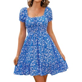 Livonmone Women's Casual Summer Dress Floral Print High Waist Dresses Puff Sleeves Retro Sexy Casual Tunic Beach Mini Dress, blue