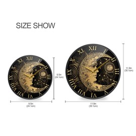 ALAZA Boho Crescent Moon Sun Mandala Wall Clock Battery Operated Silent Non Ticking Clocks for Living Room Decor 12 Inch / 9.5 Inch