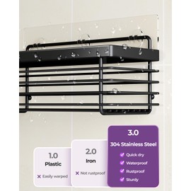 ODesign Shower Caddy 3 Pack SUS304 Stainless Steel-No Drilling-Shower Bathroom Shelves Rack,Rustproof Wall Mounted,Adhesive Shower Shelf Basket Organizer-Black