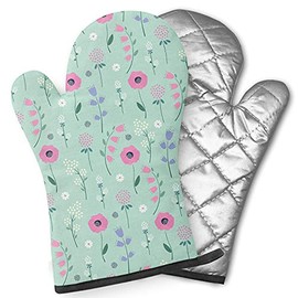 Pairs of Decorative Oven Mitts, Heat Resistant Kitchen Gloves for Cooking, Baking, Grilling (Floral On Mint Green)