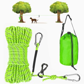 XiaZ Dog Tie Out Cable for Camping, 50FT Portable Overhead Trolley System for Dogs up to 300lbs，Dog Lead for Yard, Camping, Parks, Outdoor Events,5 min Set-up, Green