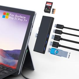 Surface Pro 7 Docking Station Hub, 7 in 2 Surface Pro 7 USB Adapter with Type-C 3.1[4K Display/60W/10Gbps Data]+Type-C 3.0+3 USB-A 3.0+TF/SD Card Slot, Surface Accessories Adapter for Surface Pro 7/7+