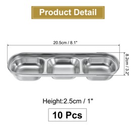 uxcell 10 Pack Stainless Steel Dish Dipping Bowls with 3 Rectangular Compartment Divided, Metal Seasoning Plate Dipping Bowl for Condiment Home Party Restaurant Picnic Travel, Silver
