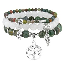 JUZICHEN Women's Boho Bracelet Set, Chakra Bracelet for Women, Yoga Bracelet, 17-24 cm, Agate Natural Stone Bracelet with Tree of Life Pendant, Summer Colourful Bracelets for Women, Stainless Steel,