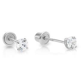 14k White Gold Solitaire AAA Cubic Zirconia Stud Earrings with Secure Screw-backs, CZ Screw Back Earrings for Women (3mm)