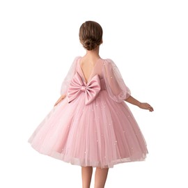 Kismissal Flower Girls Tulle Dress with Pearls Bow Knot V-Back Contrast Mesh Puff Half Sleeves for Formal Wedding Party,Pink,100