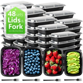 48 Pack (144 Piece) Meal Prep Containers with Lids & Forks - Reusable Snack Containers 1 Compartment Food Containers, Microwave/Dishwasher/Freezer Safe Food Containers (20/24/28/32 with Forks)