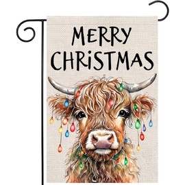 Merry Christmas Garden Flags 12x18 Vertical Double Sided Outside, Highland Cow Yard Flag Outdoor Holiday Seasonal Winter Decorations for Home