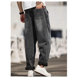 BEAUDRM Men's Vintage Baggy Taper Jeans Distressed Straight Leg Tapered Denim Pants with Pockets Streetwear Dark Grey Small