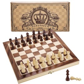 AMEROUS 12" x 12" Magnetic Wooden Chess Set for Kids and 6 up Age, 2 Bonus Extra Queens, Folding Board with Storage Slots, Handmade Chess Pieces, Portable Travel Chess Board Game Sets