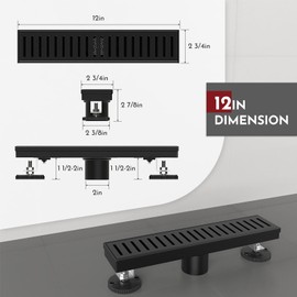 WEBANG 12 Inch Linear Shower Drain Rectangular Floor Drain with Accessories Capsule Pattern Cover Grate Removable SUS304 Stainless Steel CUPC Certified Matte Black