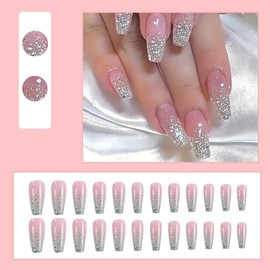 YEFIUO Medium Press on Nails Coffin Square Pink Bling Fake Nails Press ons Nail Tips Acrylic Nail Kit Silver Glitter French Nail Art Glue on Nails Full Cover Glossy Artificial False Nails for Women
