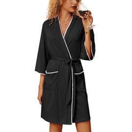 Ekouaer Robes for Women Ribbed Knit Bathrobe Soft Lightweight Knee Length Kimono Robe Ladies Sleepwear with Pockets