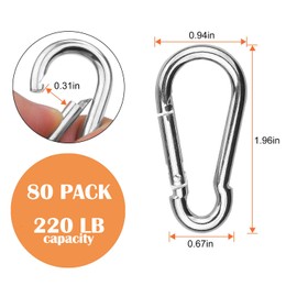 80 Pack Spring Snap Hooks M5 Carabiner Clips 2 Inch Small Keychain, 220lbs Load Galvanized Steel Quick Links Heavy Duty Caribiniers Hammocks Hooks for Camping Hiking Outdoor Swing Pet Leash Gym