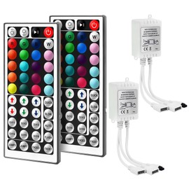 Cube-LED 𝐃𝐮𝐚𝐥 𝐎𝐮𝐭𝐩𝐮𝐭𝐬 44-Key DC12V-24V 4 Pin 2 Ports RGB Controler Box Wireless IR Remote Controller with Receiver for RGB 3528 5050 LED Light Strip (2Pcs 12-24V 44Key IR 2-Channel [White])