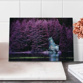 Ambesonne Lavender Cutting Board, Purple Trees by a Lake with Blue Wooden Rustic Lakehouse Lodge Romantic Spring Nature, Decorative Tempered Glass Cutting and Serving Board, Small Size, Purple