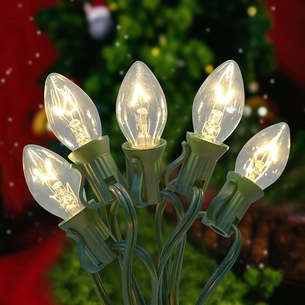 Christmas Lights 25Ft Clear C7 Vintage Lights with 27 Clear Traditional Bulbs E12 Base (2 Spare, 5W) Outdoor Warm White Christmas Lights for Garden Patio Christmas Bistro Cafe Party Decor, Green