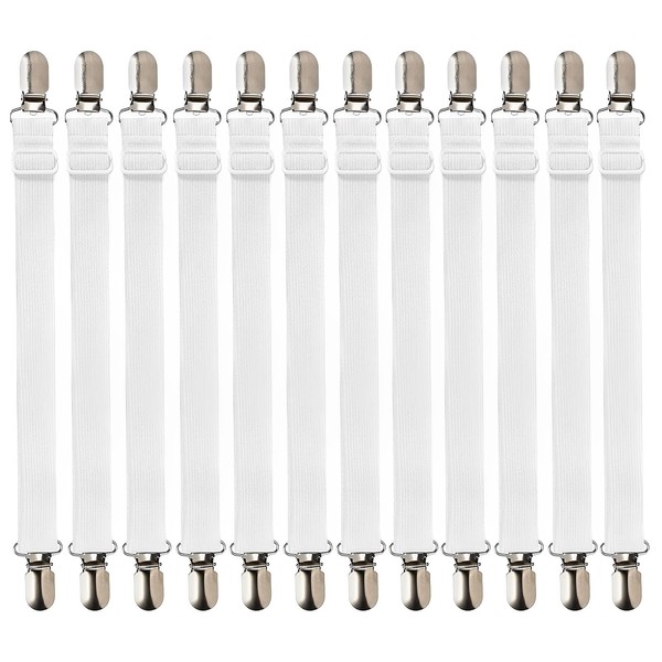 DDHHCP Pack of 12 Adjustable Bed Sheet Tensioners, Bed Sheet Tensioners, Sheet Tensioners with Metal Clips, Elastic Sheet Tensioners with Metal Clip for Bed Sheet, Ironing Board or Sofa (White)