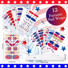 XEAOHESY 168 Pieces 12 Sheets 4th of July Nail Wraps for Women Independence Day Nail Polish Strips Self-Adhesive American Flag Patriotic Nail Strips Nail Polish Stickers for Memorial Day