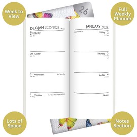 2026 Slim Wallet Pocket Diary Week to View - White Textured Faux Leather Butterfly Design Planner - Lightweight Compact Portable Organiser Notebook - Student Organiser Travel Diary