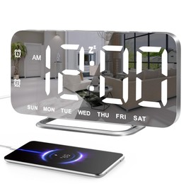 Slim LED Digital Alarm Clock, Mirror Surface for Makeup, with Diming, Large Display, Easy Setting, USB Ports, Modern Decor for Bedroom, Desk, Xmas, Birthday Gift for Women, Sister, Teen Girl, Silver