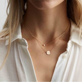 Yheakne Boho Layered Pearl Necklace Choker Gold Coin Disc Necklace Tiny Pearl Pendant Necklace Chain Vintage Layering Round Circle Necklace Jewelry for Women and Girls