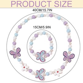 Azlanway Children's Jewellery Set 2 Pieces - Wooden Necklace & Bracelet with Butterfly Motif, Elastic Children's Jewellery for Girls, Colourful Accessories for Birthday, Party, Fancy Dress & Gift