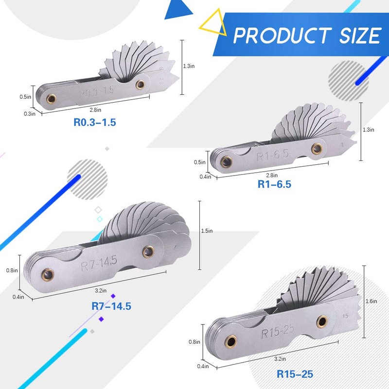 Glarks 4 Pack R0.3-1.5/ R1-6.5/ R7-14.5/ R15-25 Radius Gauge Set,