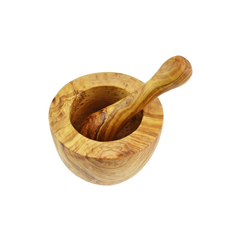 Olive Wood Mortar and Pestle, Flat Style, Wood, Grain/Natural, 10