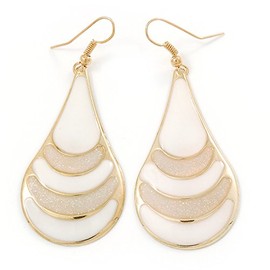 White Enamel With Glitter Element Teardrop Earrings/Gold Tone/ 65mm L
