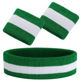 Voarge 3-teiliges Schweißband Set Sport-Stirnband-Armband-Set Schweißbänder für sportliche Männer und Frauen für Laufen Radfahren (Grün-Weiß)