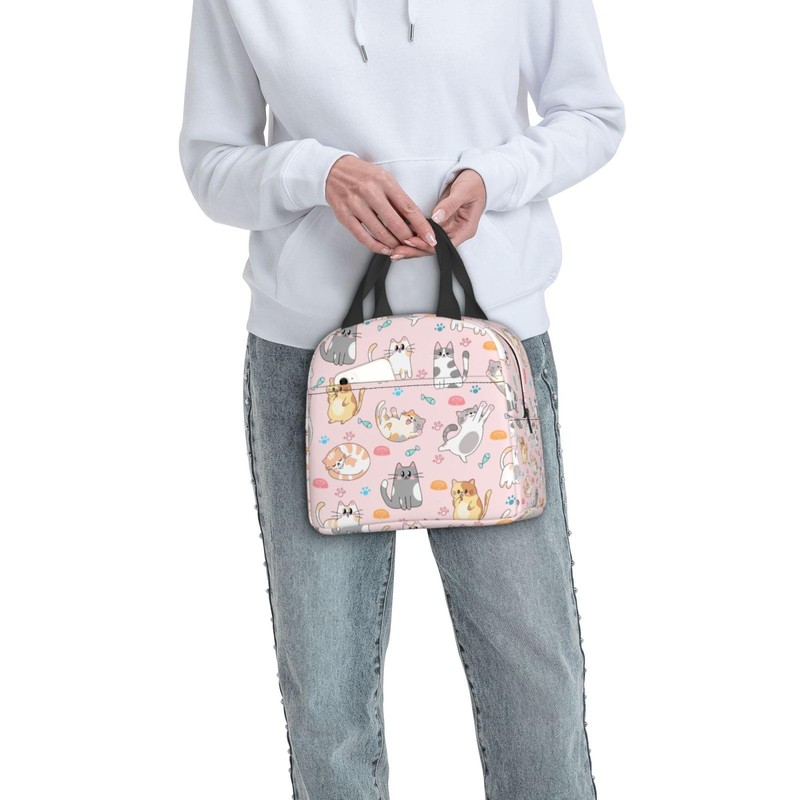 Pink Cat Lunch Bag Reusable Zipper Closure Insulated Pink Cats