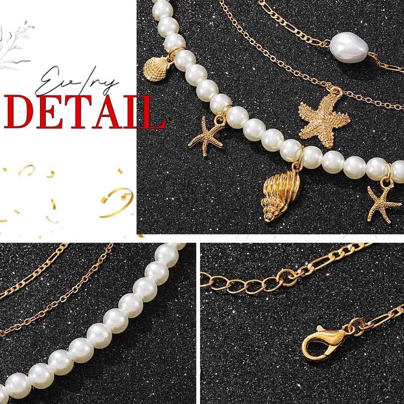 Evlry Boho Pearl Necklace Golden Starfish Pendant Beach Shell Necklace