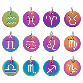 LEGENTLISUR 24Pcs 12 Zodiac Constellation Charms Flat Round Rainbow Stainless Steel Charms for Jewelry Making Bracelets Necklaces DIY Astrological Pendants