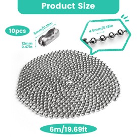 6 Meter/19.69 Feet Roller Blind Chain, 4.5mm Silver Vertical Blind Chain with 10 Pcs Blinds Cord Connector