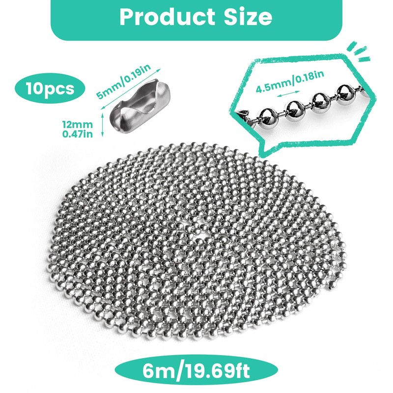 6 Meter/19.69 Feet Roller Blind Chain, 4.5mm Silver Vertical Blind