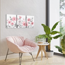 sechars Yellow Flower Canvas Wall Art Vintage Floral Painting Pictures Decor Modern Pink and Grey Bedroom Bathroom Decoration (Pink)